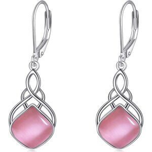 Irish Sterling Silver Celtic Knot & Wings Dangle Earrings Pink Opal Nature Stone